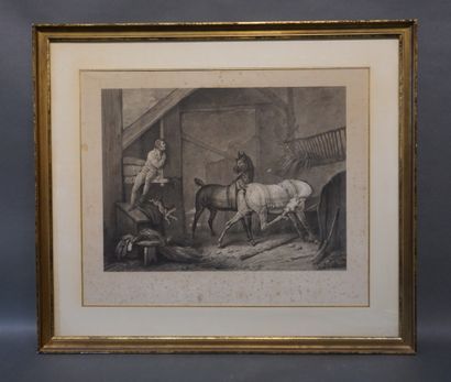 null Gravure d'après Carl Vernet: "Scène d'écurie" (mouillures). 49x59 cm