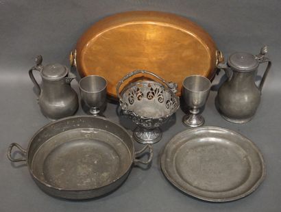 null Handle of seven pewter shaped pieces: two pots, two chalices, hollow dish with...