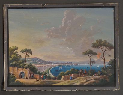 null Gouache: "Vue de Naples" (usures). 23,5x31,5 cm