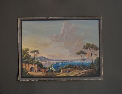 null Gouache: "Vue de Naples" (usures). 23,5x31,5 cm