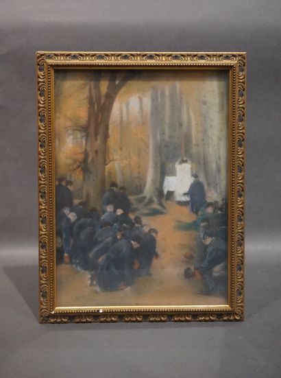 null Ecole début XX°: "La messe au front", pastel (taché). 32x24 cm