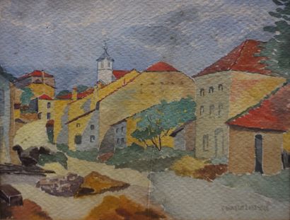 CHAUVELOT LEBESGUE "Village with red roofs", watercolor, sbd (wetness). 18,5x24,5...