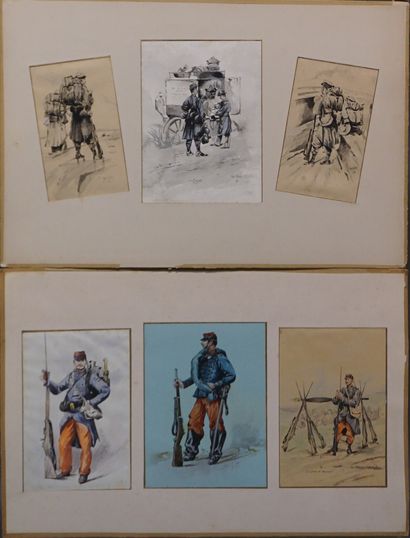 Noël NITAP Deux planches de six dessins à l'encre ou aquarellés: "Soldats", sbd,...