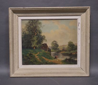 A. BOURGOIN "Paysage au moulin et à la lavandière", huile sur toile, sbd, daté 1910...