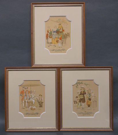 E.MAUDY Three raised prints: "The vegetable seller", "The doughnut seller" and "The...
