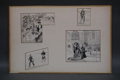 null Planche de quatre dessins à l'encre: "Soldats", "Souvenir" (15,5 x14,5 cm) et...