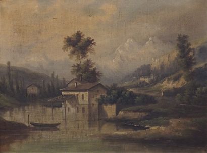 null 19th century school: "Landscape of a river in the mountains", oil on canvas...