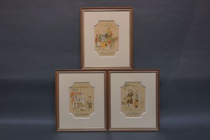 E.MAUDY Three raised prints: "The vegetable seller", "The doughnut seller" and "The...