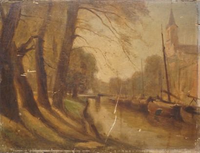 Charles MERCIER Ecole fin XIXe: "Bateaux sur la rivière", huile sur panneau, dédicacé...