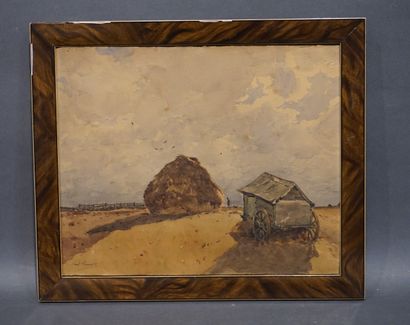 Paul LECAULT "Landscape with a haystack", watercolor, sbg (wetness). 29x36 cm