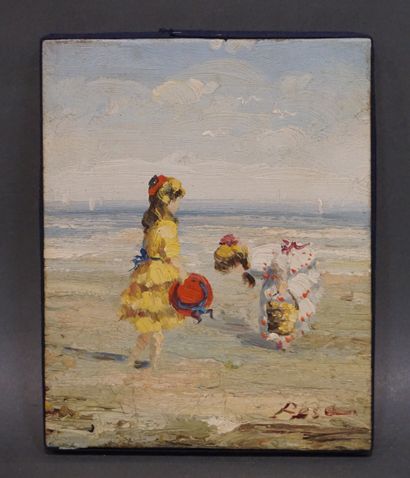 null "Two girls on the beach", oil on canvas, sbd. 25x20 cm