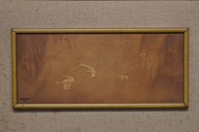 PENALVER "Flight of waders", inlaid panel, sbg, dated 1965. 14,5x34 cm
