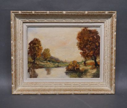 null "Paysage à la rivière", huile sur toile. 24x32,5 cm