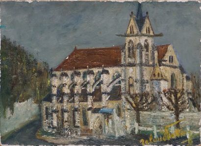 Roland POTTIER "La collégiale de la Chapelle sous Crécy", huile sur toile, sbd (manques)....