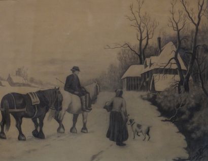 Sarah DION "Couple of peasants in a winter landscape", charcoal, sbd. 38x49 cm