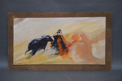 Claude GIRAUD "Corrida", huile sur isorel, sbg. 43,5x77 cm