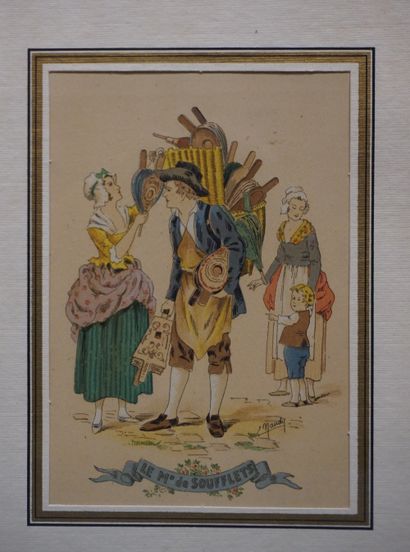 E.MAUDY Two prints: "The fish merchant" and "The bellows merchant". 14x10 cm