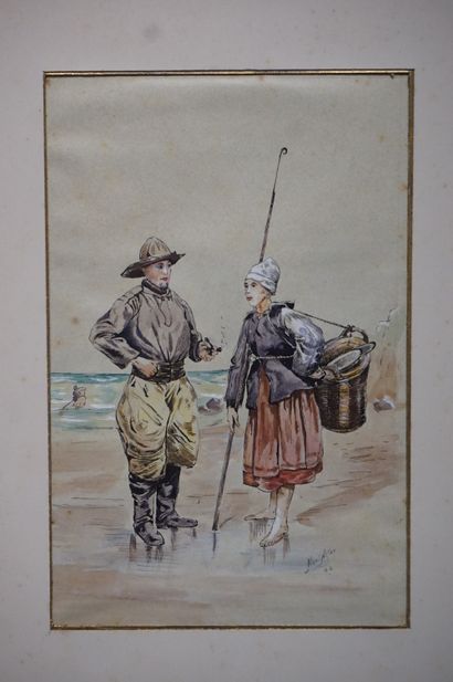 Noël NITAP Planche de trois dessins aquarellés: "Pêcheurs", sbd, daté 1898. 19x12...