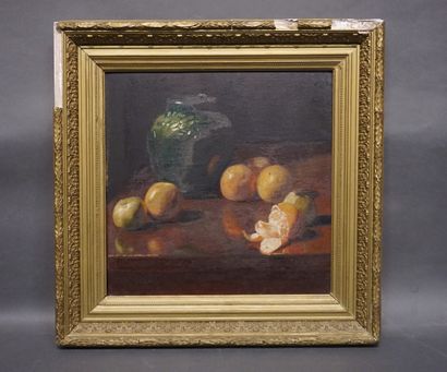 FRIEDGES "Nature morte aux fruits", huile sur toile, sbg, daté 1908 (cadre accidenté)....