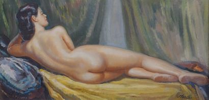 MARCKI "Reclining Nude Woman", oil on canvas, sbd (restoration). 40x80 cm