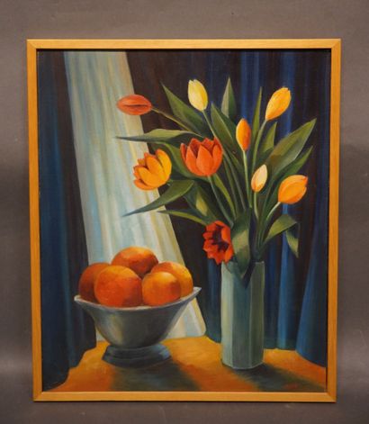 MAÏTE "Les tulipes", huile sur toile, sbd, daté 1987. 55x46 cm