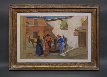 Pierre FAVRE (1906-1983) "Lively scene around the fountain", gouache watercolor,...