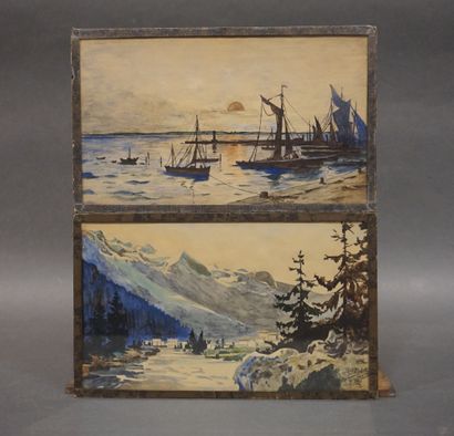 G.FILLEDIER School first half XX°: "Port at dusk" and "Mountain landscape", pair...