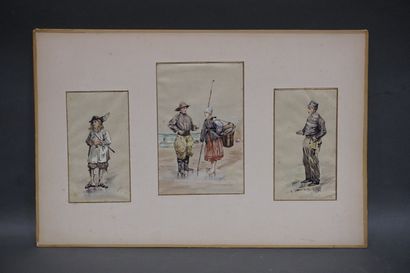 Noël NITAP Planche de trois dessins aquarellés: "Pêcheurs", sbd, daté 1898. 19x12...