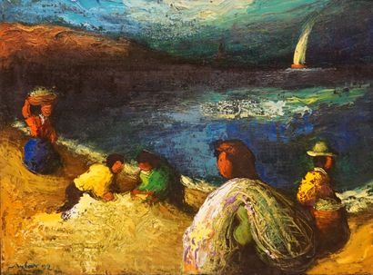 null XXth South American School: "Fishermen by a lake", oil on canvas, sbd (Aybat...