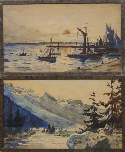G.FILLEDIER School first half XX°: "Port at dusk" and "Mountain landscape", pair...