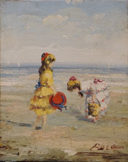 null "Deux fillettes sur la plage", huile sur toile, sbd. 25x20 cm