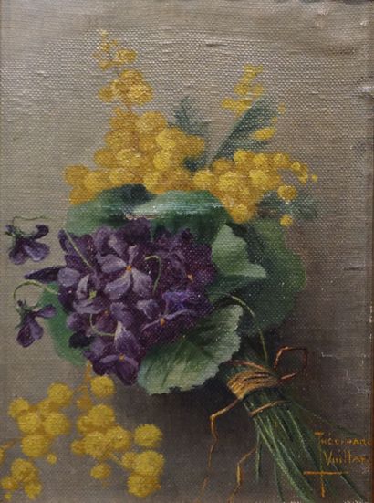 Théophane VUILLARD "Bouquet de fleurs", huile, sbd (usures). 17x12 cm