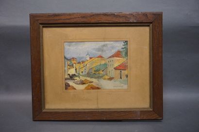 CHAUVELOT LEBESGUE "Village with red roofs", watercolor, sbd (wetness). 18,5x24,5...