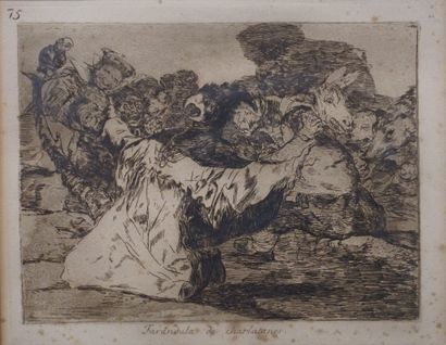 null Gravure d'après Goya: "Farandula de charlatanes" 75 (mouillures). 18x22 cm