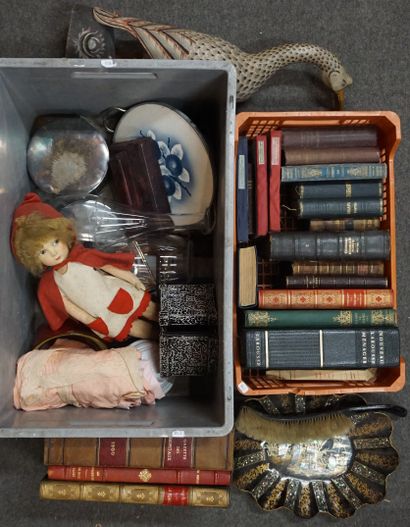 Two book handles, doll, crumb tray, carafes,...