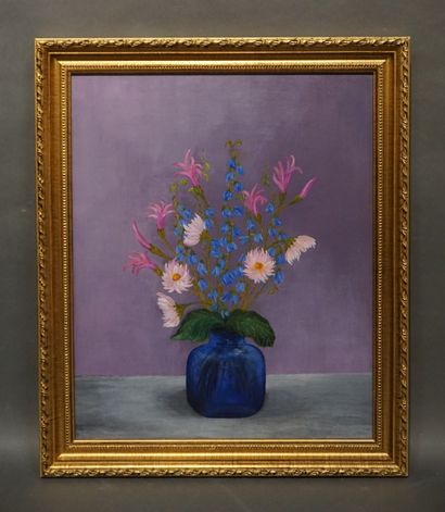 null Ecole fin XXe: "Bouquet de fleurs", huile sur toile. 61x50 cm