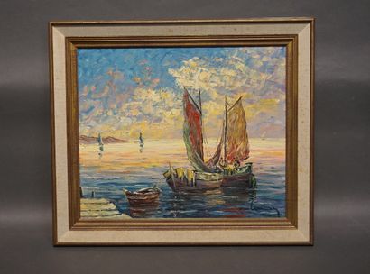 null "Barques au couchant", oil on canvas, sbd. 46x55 cm