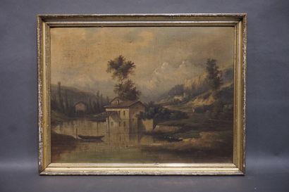 null 19th century school: "Landscape of a river in the mountains", oil on canvas...
