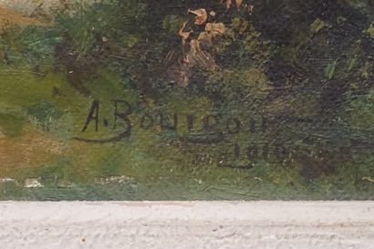 A. BOURGOIN "Paysage au moulin et à la lavandière", huile sur toile, sbd, daté 1910...