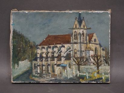 Roland POTTIER "La collégiale de la Chapelle sous Crécy", huile sur toile, sbd (manques)....