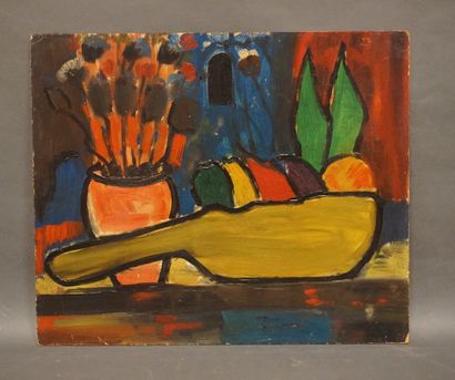 Pierre AMBROGIANI (1907-1985) "Nature morte aux fruits et fleurs", huile sur isorel,...
