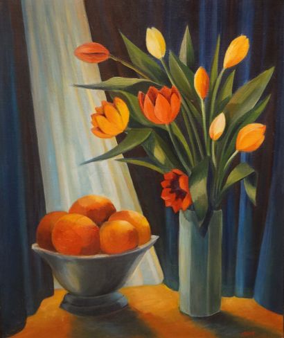 MAÏTE "The tulips", oil on canvas, sbd, dated 1987. 55x46 cm