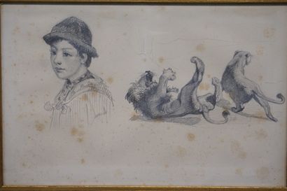 null Four pieces framed with pencil or ink drawings: "Studies of women's heads, angels,...
