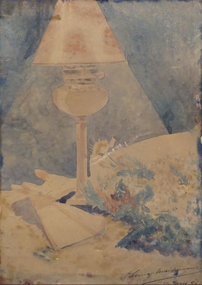 Thomas MAISONNEUVE (XIX°-XX°) "Still life with a lighted lamp", watercolor, sbd,...
