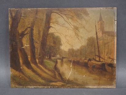 Charles MERCIER Ecole fin XIXe: "Bateaux sur la rivière", huile sur panneau, dédicacé...