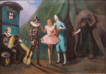 Fernand ANDREY-PREVOST (1890-1961) "Le cirque", huile sur toile, sbd (petits manques)....