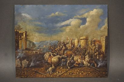 null Deux peintures sur cuivre "Scènes de batailles". 20x25 cm
