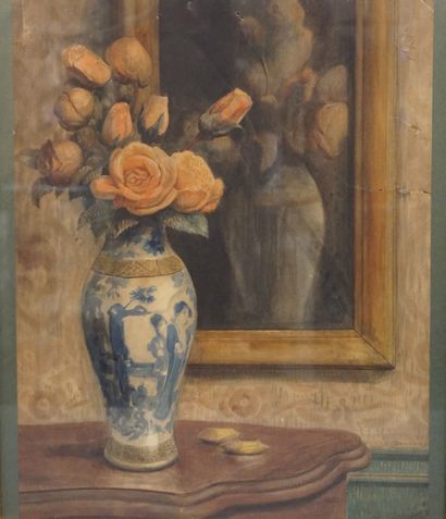 Eugène DAMBLANS (1865-1945) "Nature morte au vase et bouquet de roses", aquarelle,...