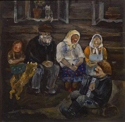 SAPOJNIKOVA Ecole russe: "Le repos au village", huile sur toile, daté 1993. 30x31...