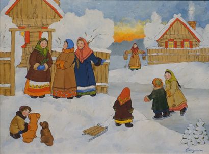 SAPOJNIKOVA Ecole russe: "La luge", huile sur toile, sbd. 30x40 cm